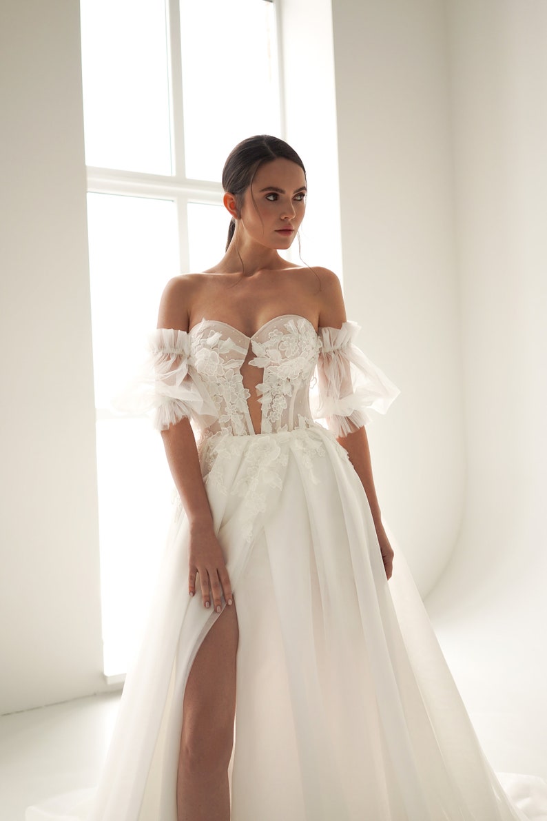 Sweeping Floral Sequin Appliqué Strapless Illusion Hollow Center Sheath Mini With A-Line Attached Overlay Gown And Detached Sleeves