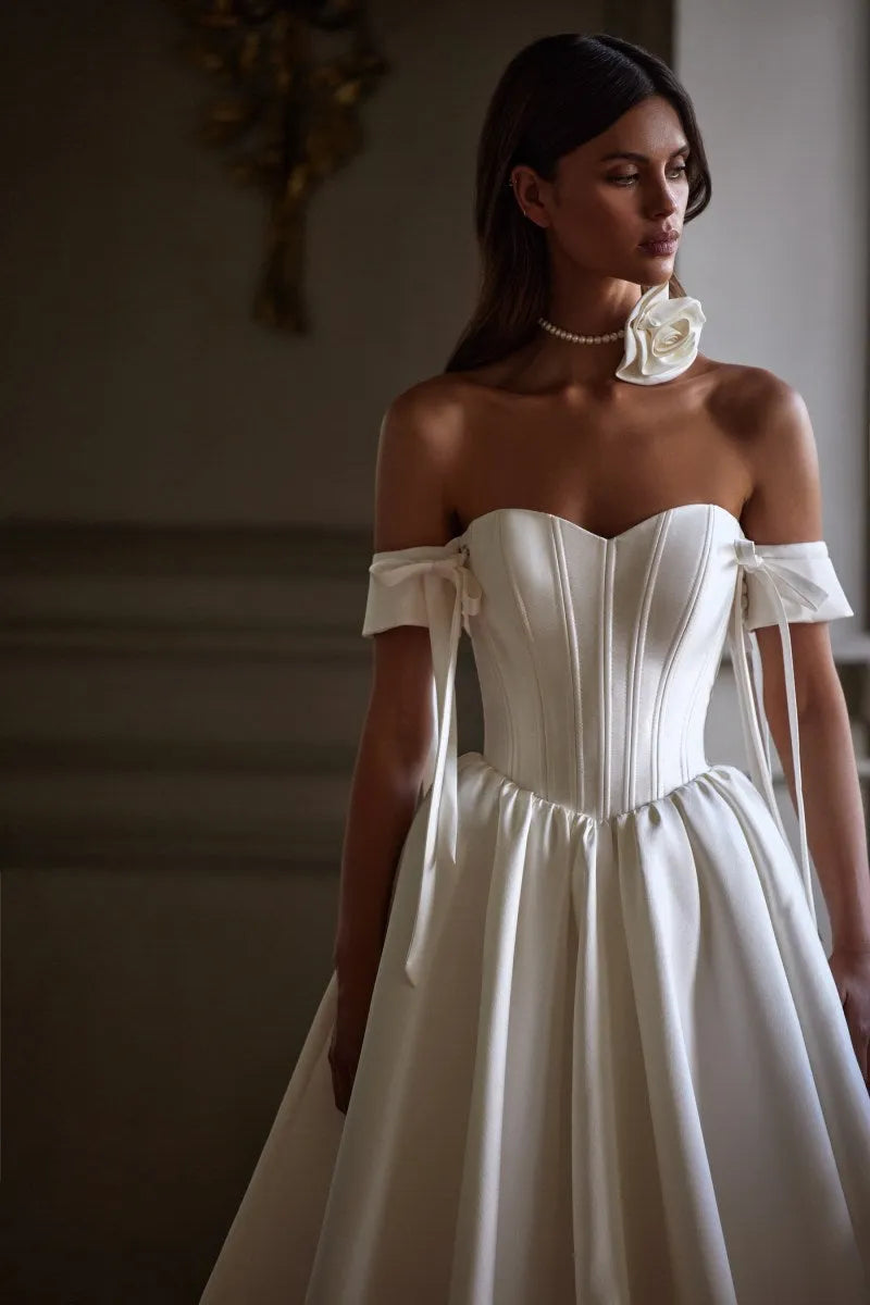 Sweet Flowing Off The Shoulder Bow Detail Pleated Corset Sweetheart Bridal Gown