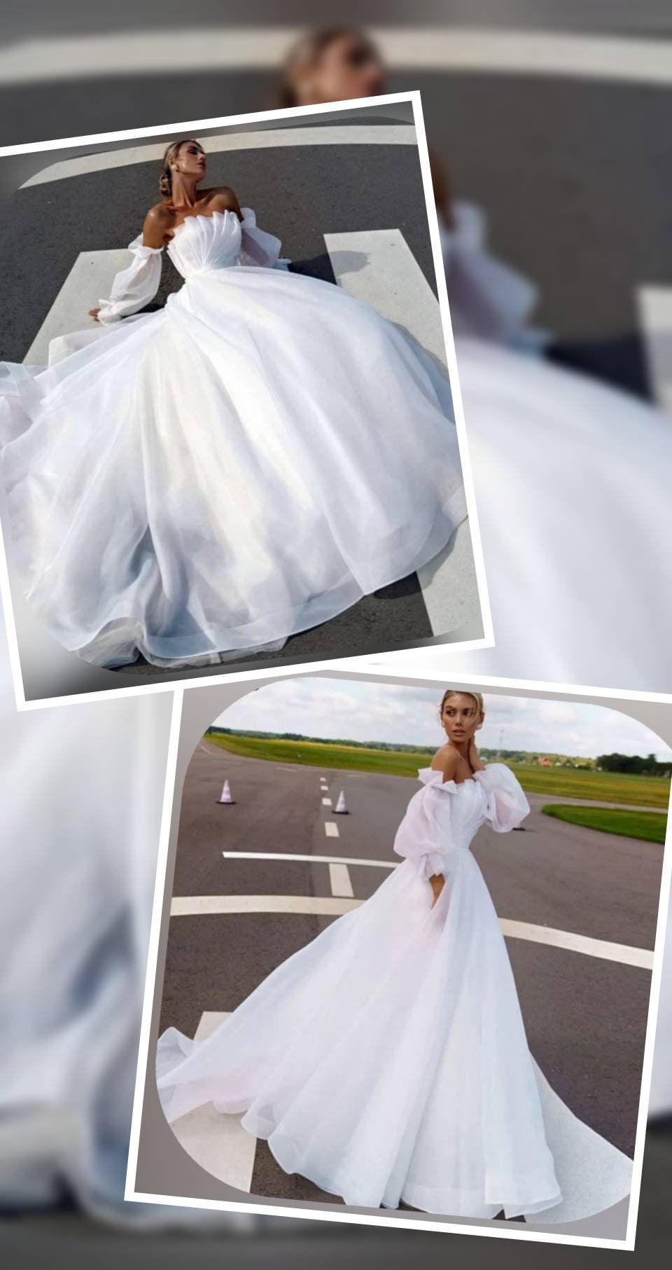 Organza Pleated Boho Detachable Puffy Sleeve Wedding Gown