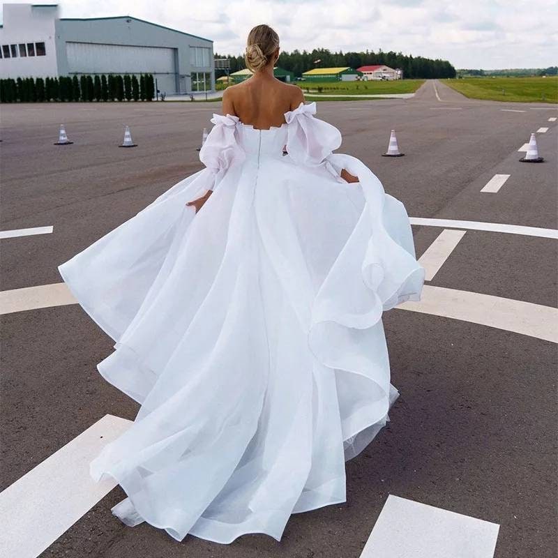 Organza Pleated Boho Detachable Puffy Sleeve Wedding Gown