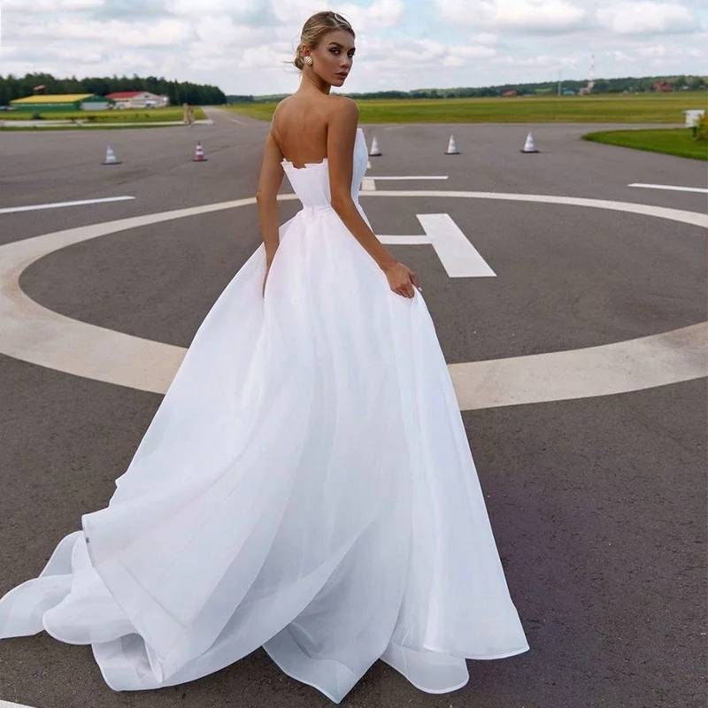 Organza Pleated Boho Detachable Puffy Sleeve Wedding Gown