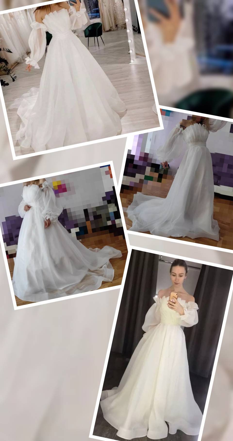 Organza Pleated Boho Detachable Puffy Sleeve Wedding Gown