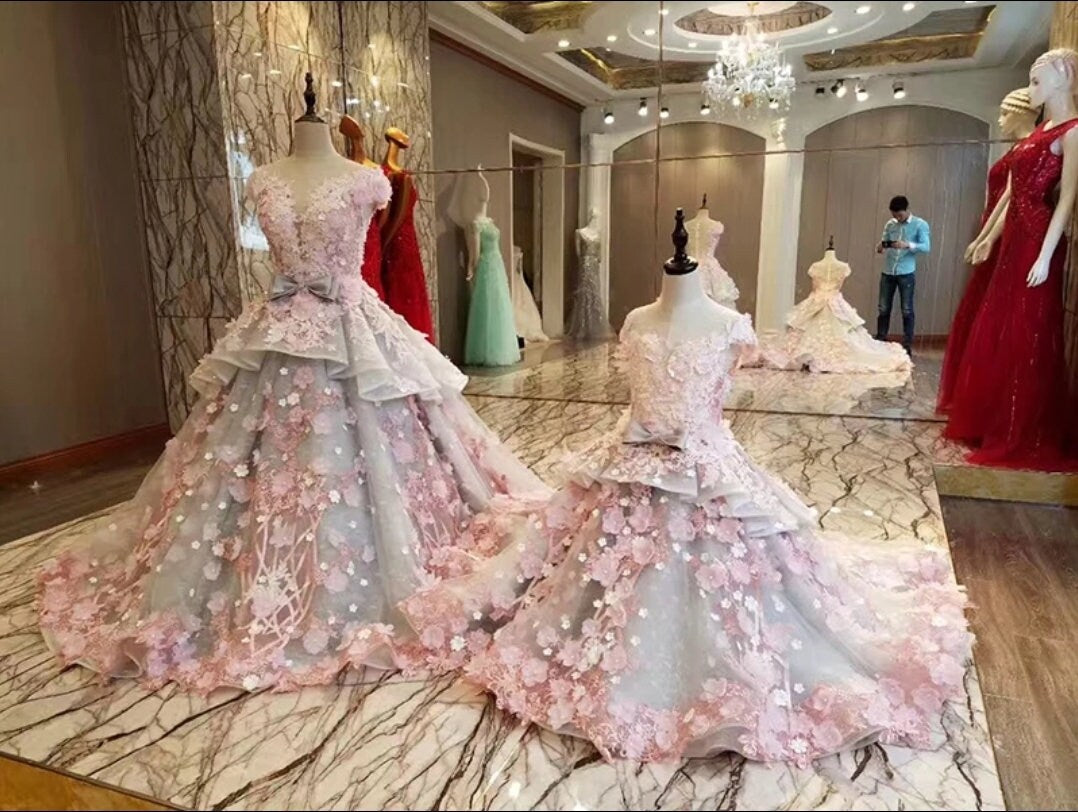 Flower Girl Floral Applique And Ruffles Organza Gown