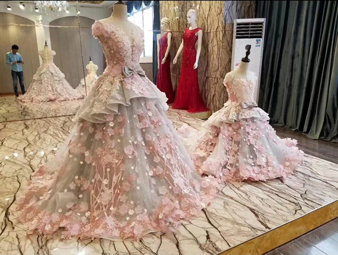 Flower Girl Floral Applique And Ruffles Organza Gown