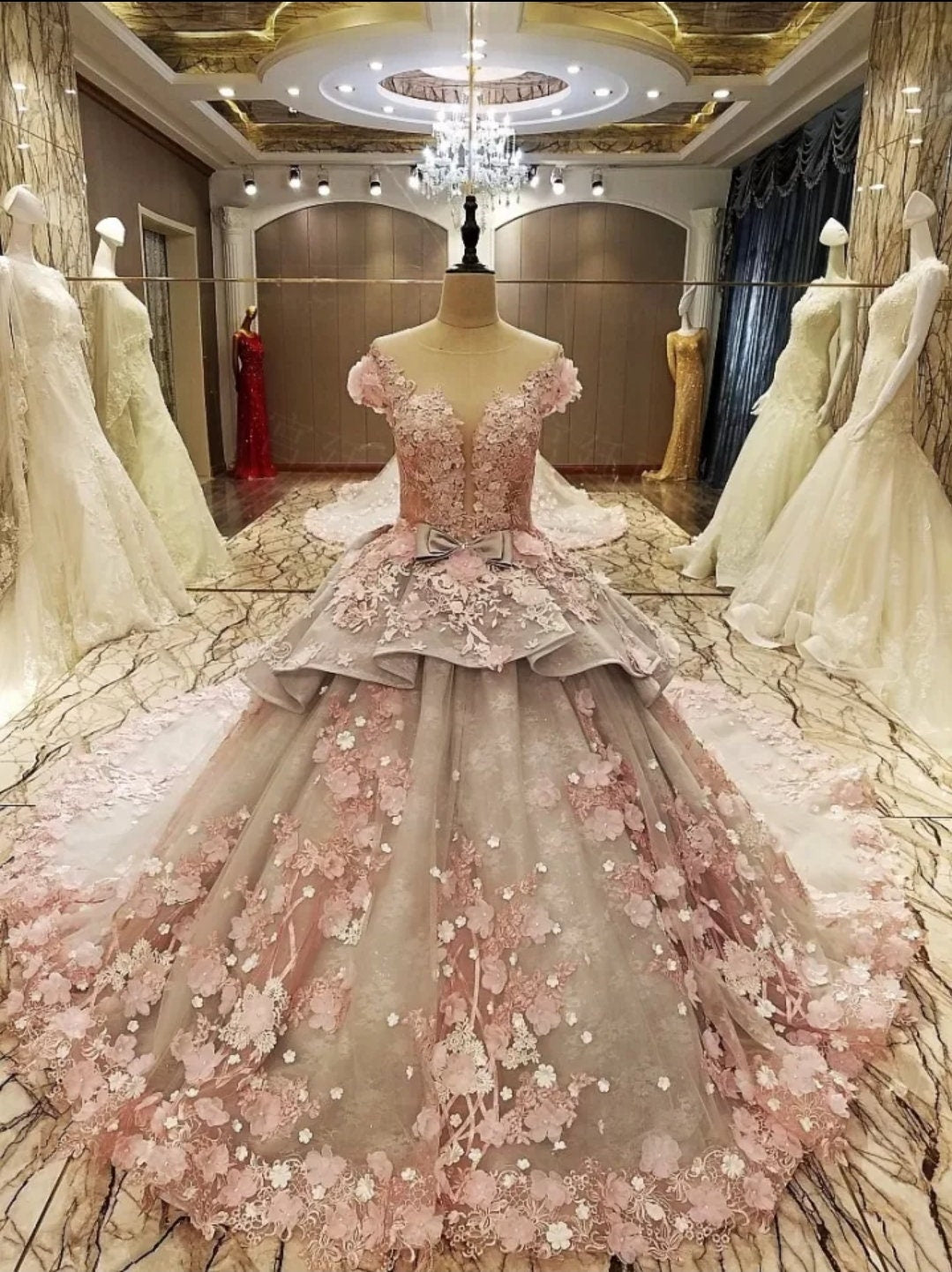 Floral Applique And Ruffles Organza Gown