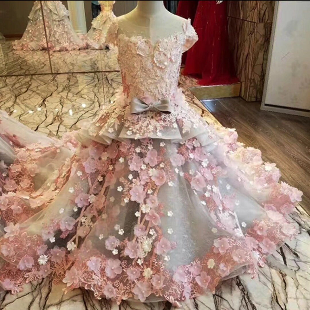 Flower Girl Floral Applique And Ruffles Organza Gown