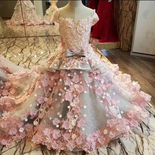 Flower Girl Floral Applique And Ruffles Organza Gown