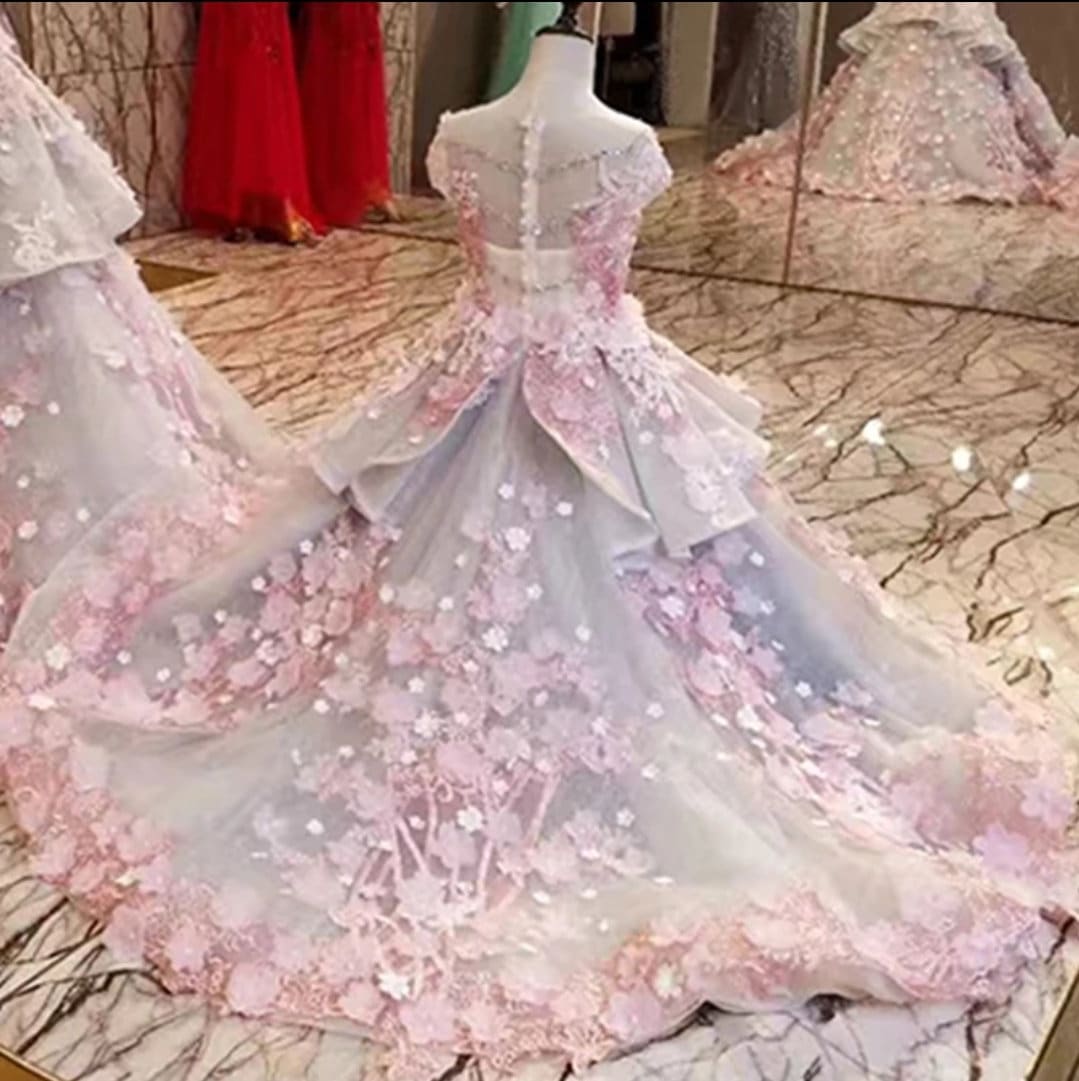Flower Girl Floral Applique And Ruffles Organza Gown