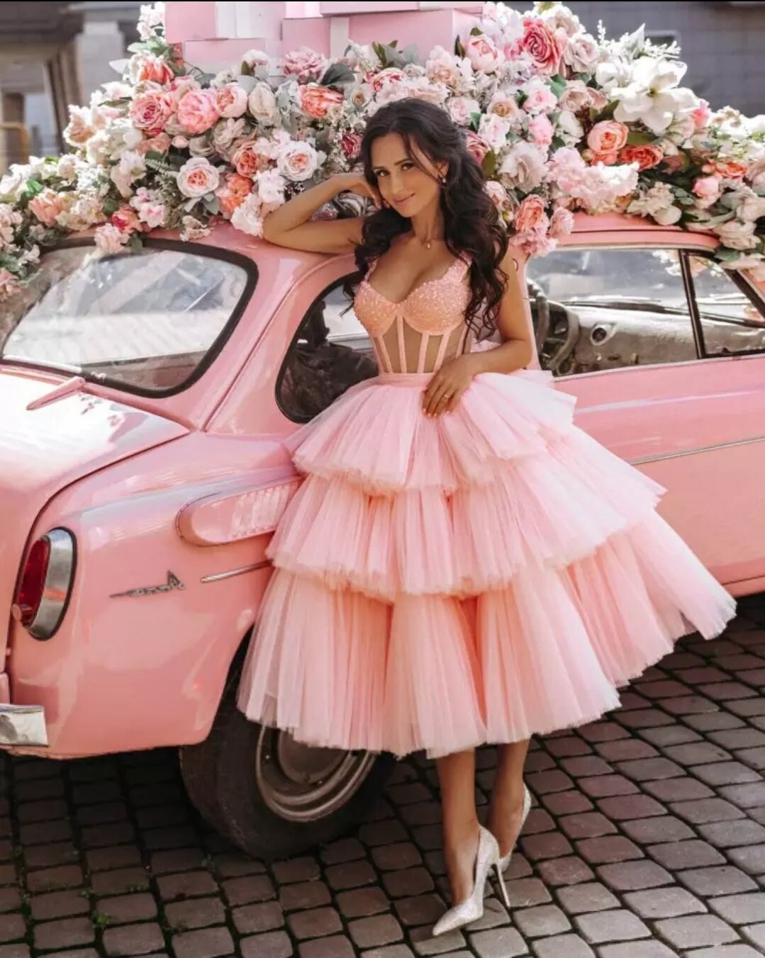 Sleeveless Sweetheart Beaded Crystal Tiered Dress