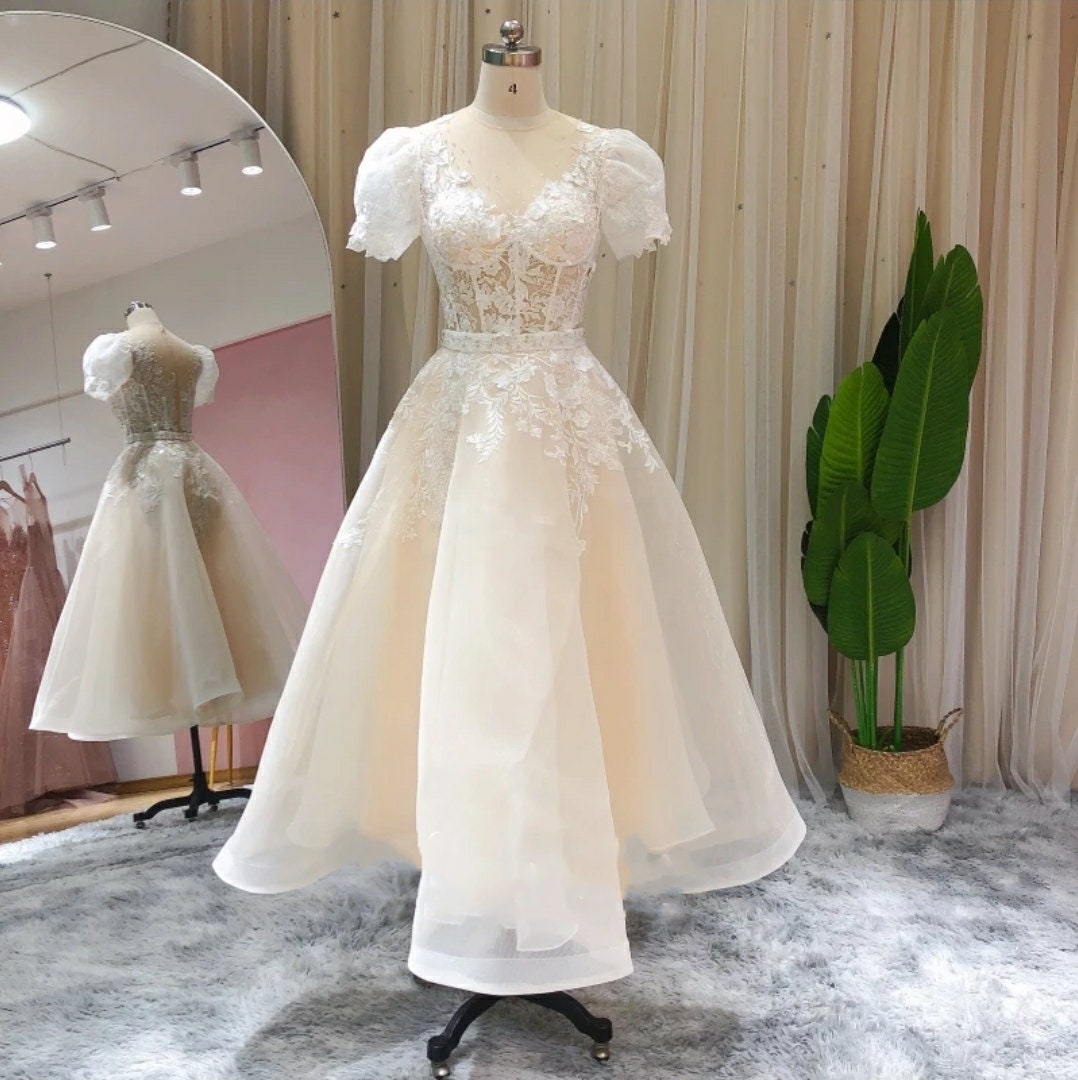 beige or white dress Beaded Lace & Appliques Short Sleeve Vintage Style Bustier Dress – WenLeeBridal