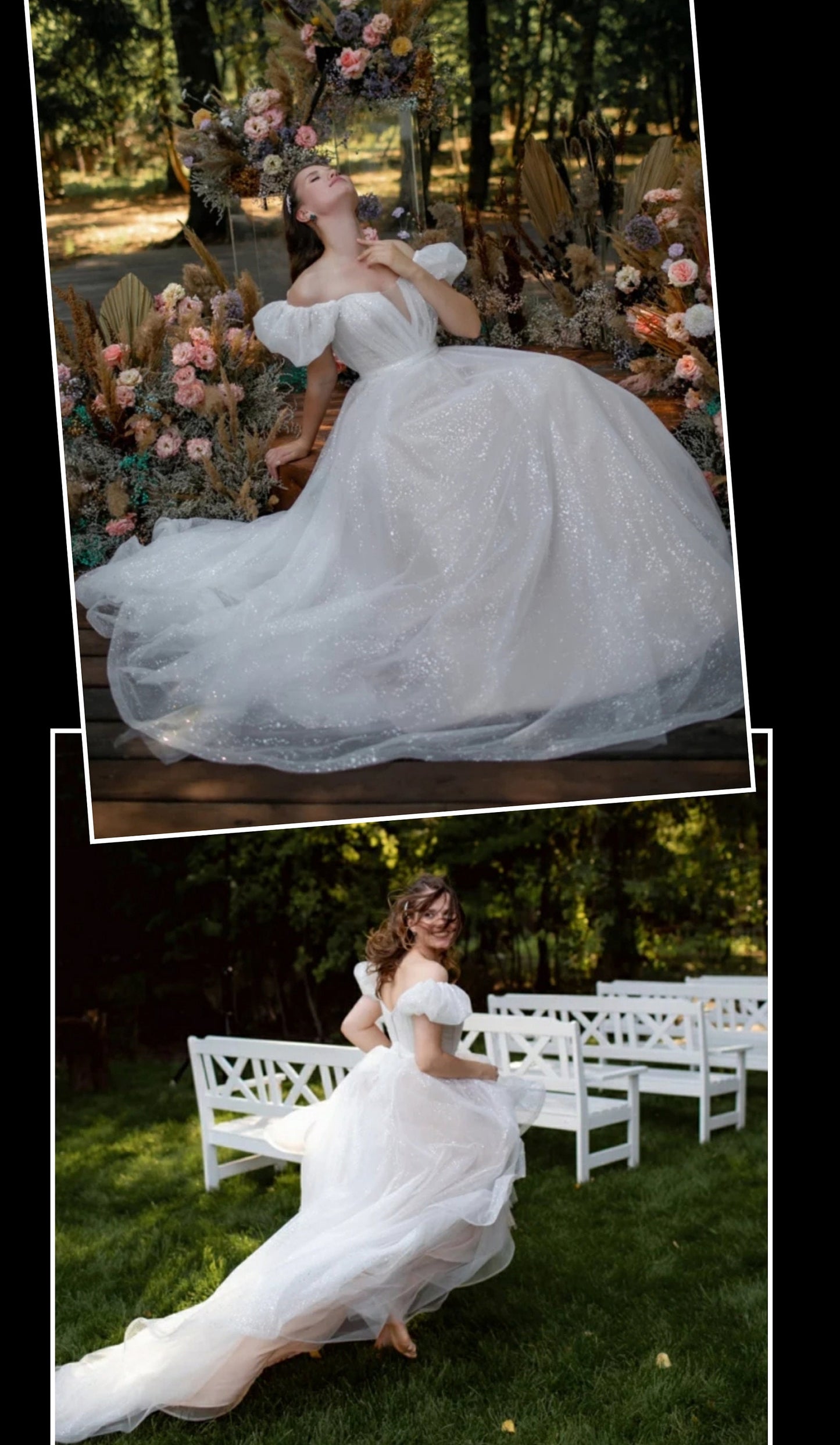 2 Piece Glitter Tulle & Bows Wedding Dress With Detachable Sweep Train
