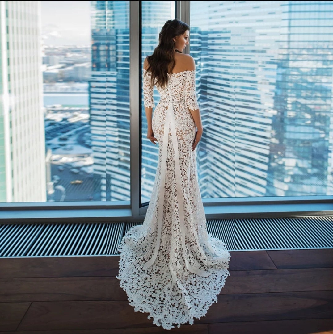 Elegant Lace Boho Off The Shoulder Half Sleeve Beaded Crystal Gown