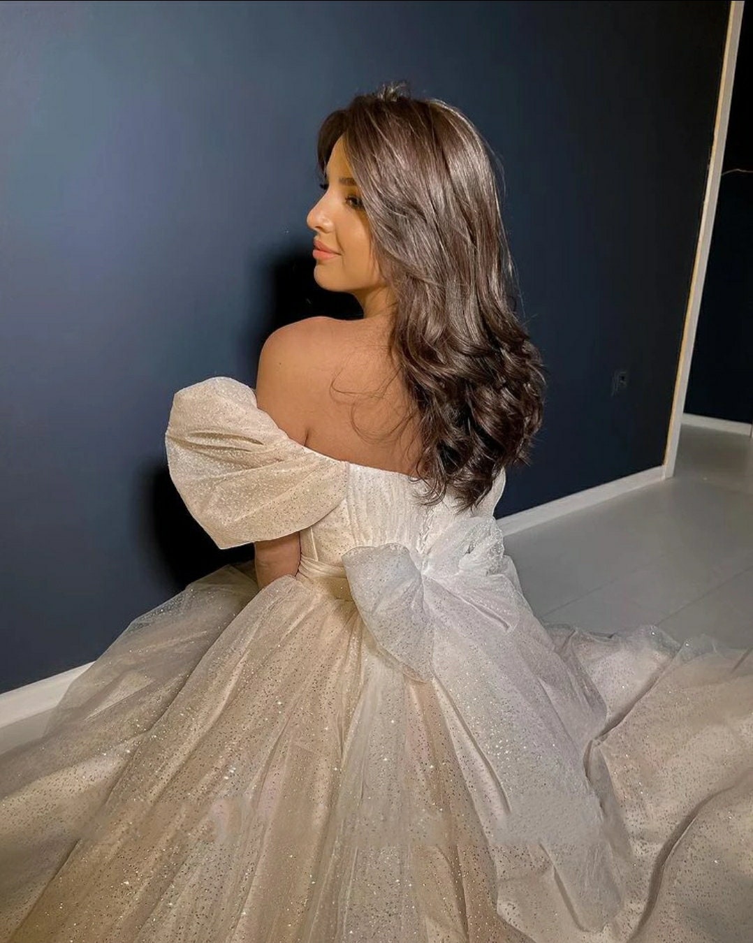 2 Piece Glitter Tulle & Bows Wedding Dress With Detachable Sweep Train