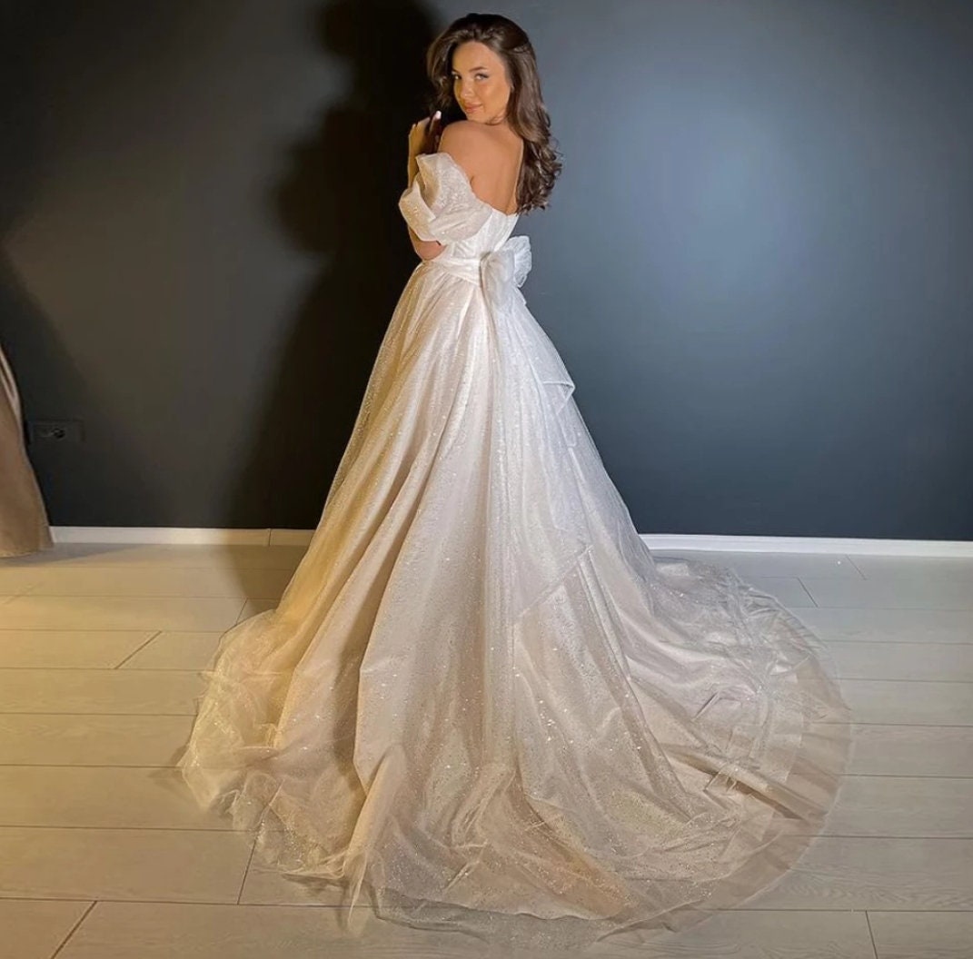 2 Piece Glitter Tulle & Bows Wedding Dress With Detachable Sweep Train
