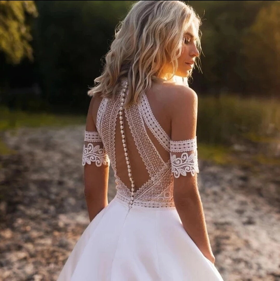 Boho Beach Off The Shoulder Satin & Vintage Lace Wedding Dress WenLeeBridal Boho Beach Off The Shoulder Satin & Vintage Lace Wedding Dress WenLeeBridal
