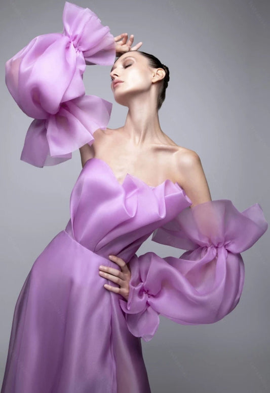 Purple Satin Organza Lantern Detached Sleeves