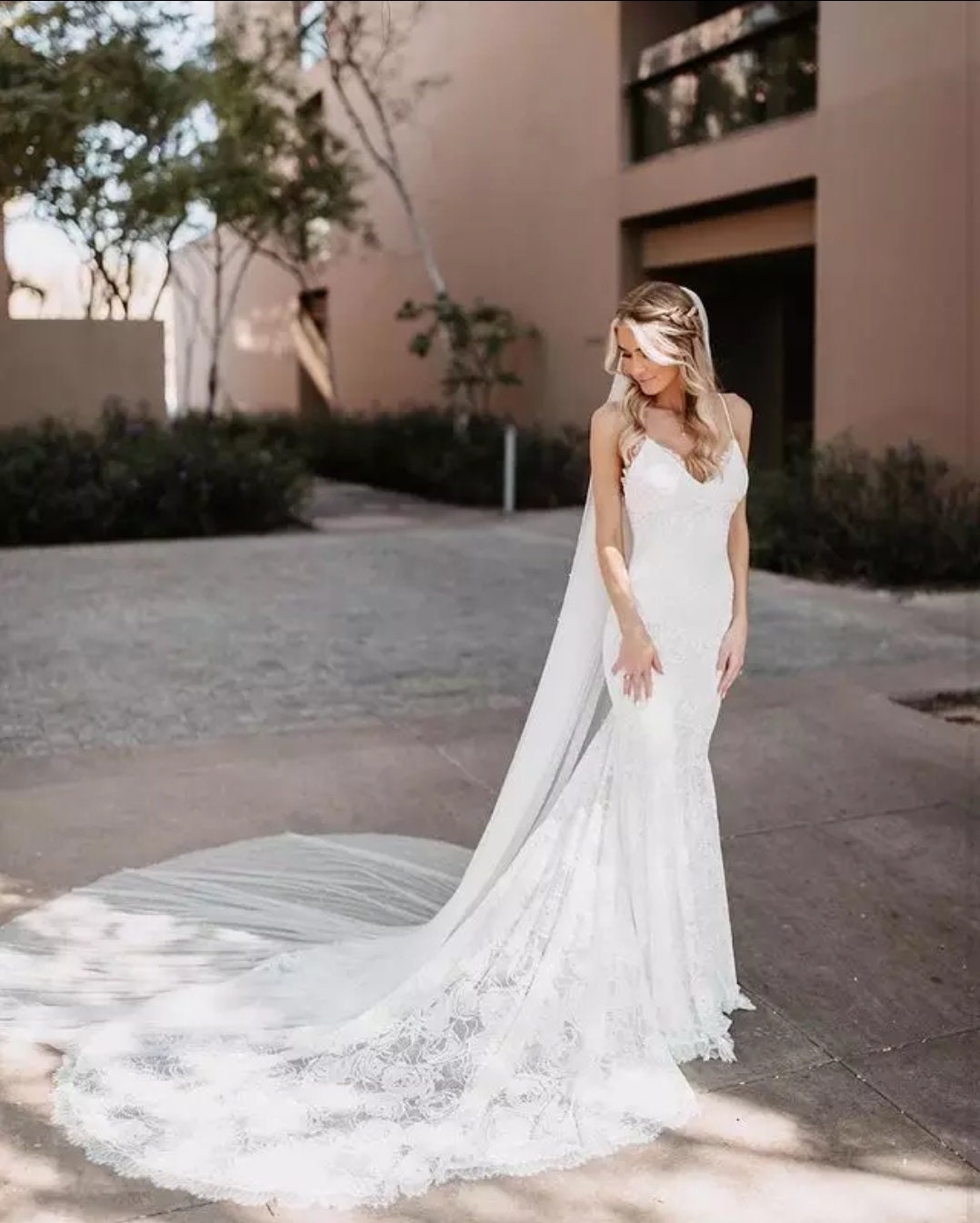 Backless Bohemian Beach Lace Spaghetti Strap Mermaid Style Wedding Gown With Sweep Train