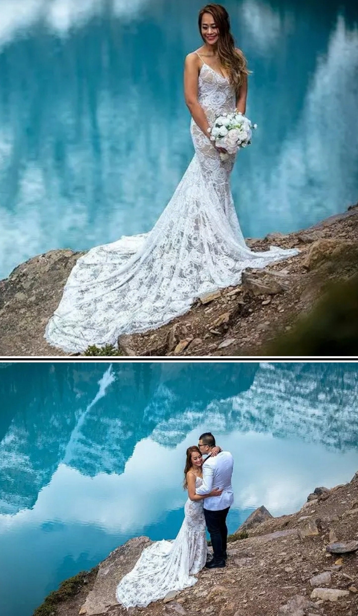 Backless Bohemian Beach Lace Spaghetti Strap Mermaid Style Wedding Gown With Sweep Train