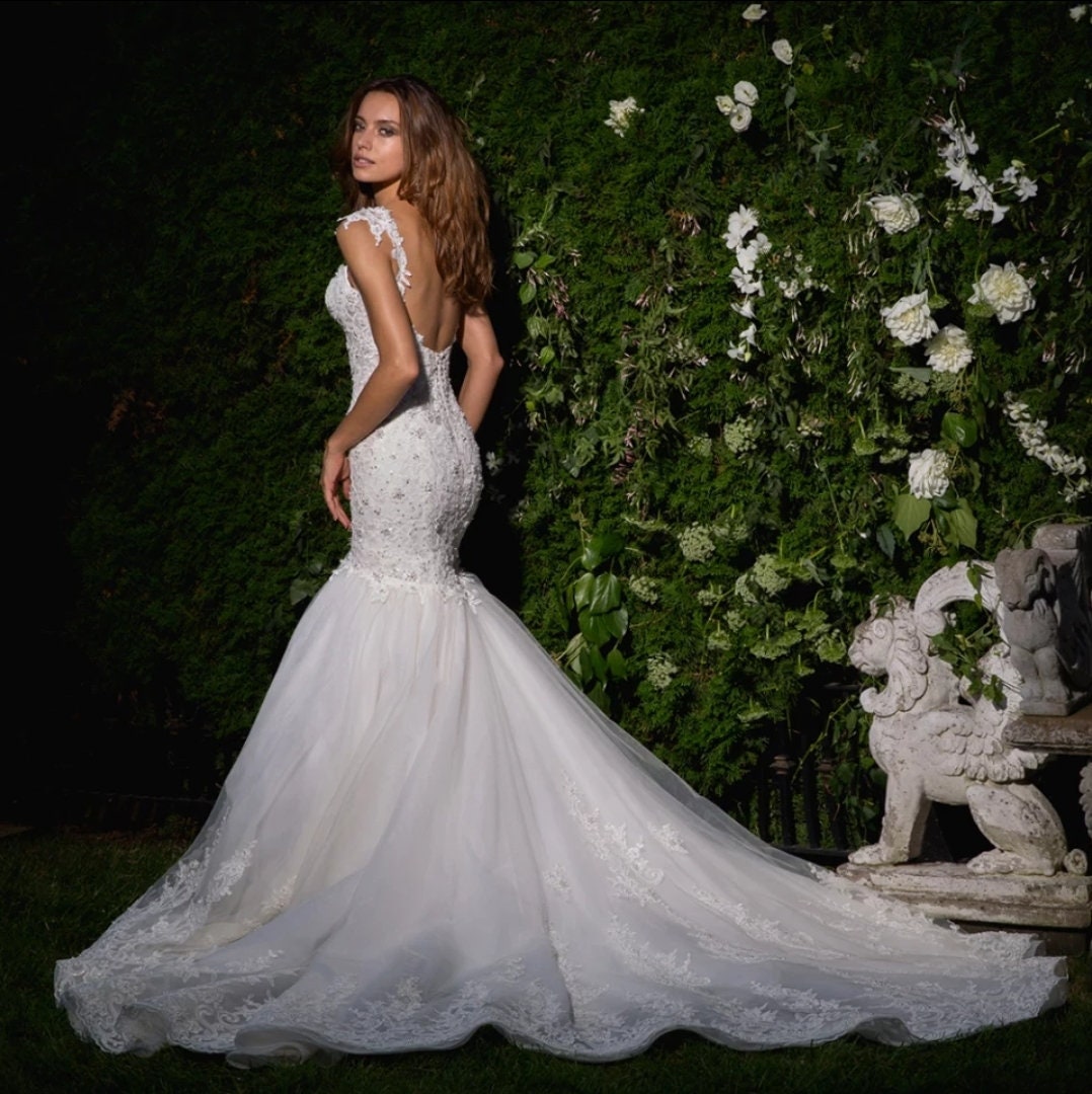 Fancy Beaded Embellished Strapped Sweetheart Illusion Mermaid Gown With Trailing Appliqués & Beading Court Train