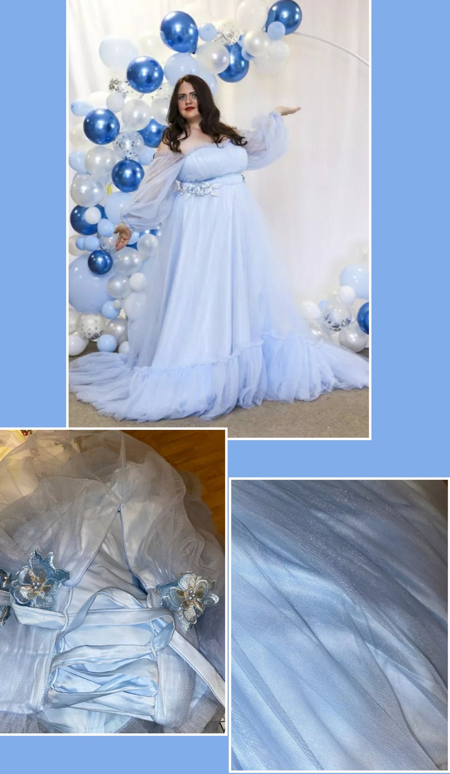 Sheer Tulle Long Sleeve Sweetheart Dress With Floral Appliqué Waist Accents