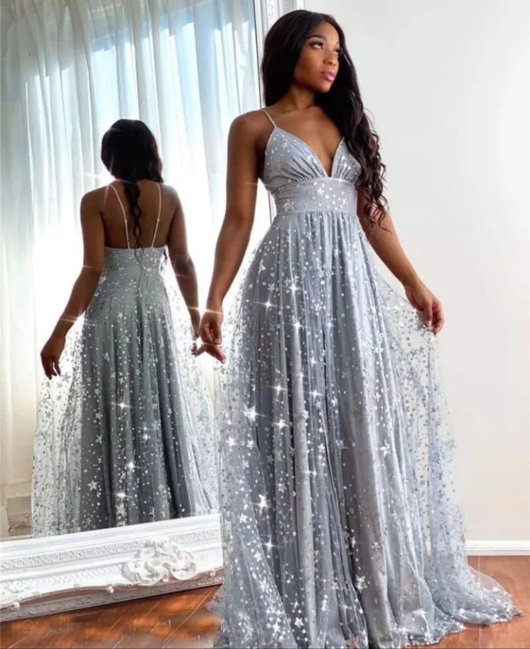 Spaghetti Strap Celestial Glitter Tulle Dress