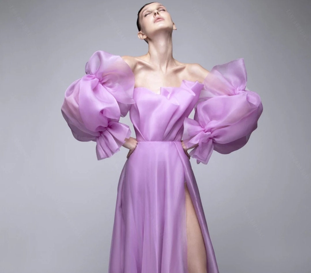 Purple Satin Organza Lantern Detached Sleeves