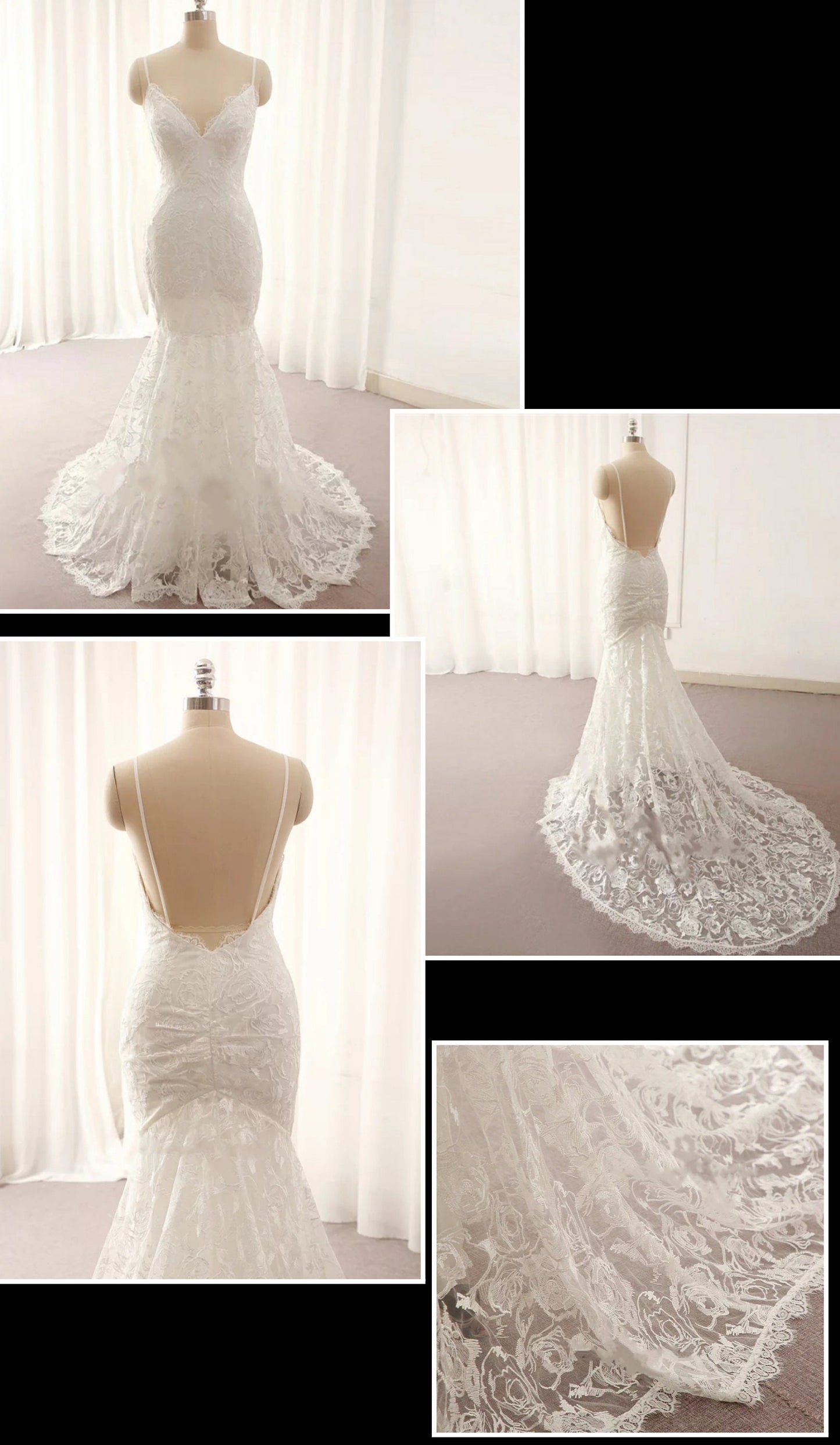 Backless Bohemian Beach Lace Spaghetti Strap Mermaid Style Wedding Gown With Sweep Train