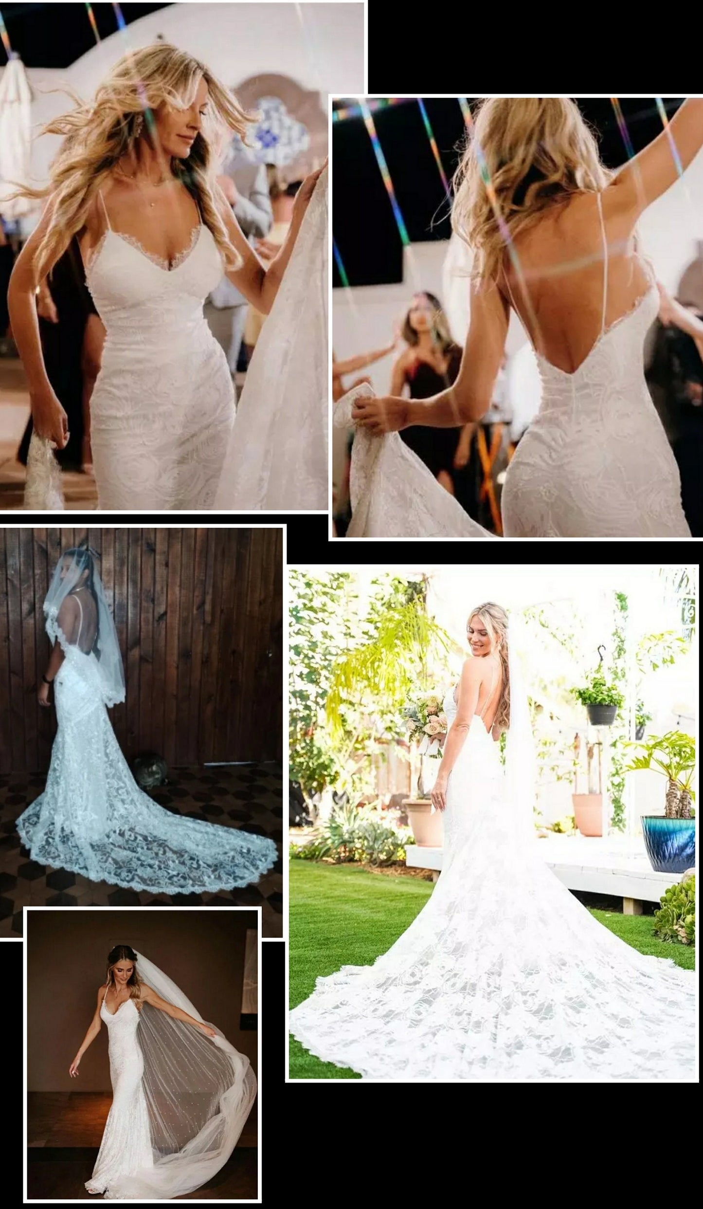 Backless Bohemian Beach Lace Spaghetti Strap Mermaid Style Wedding Gown With Sweep Train
