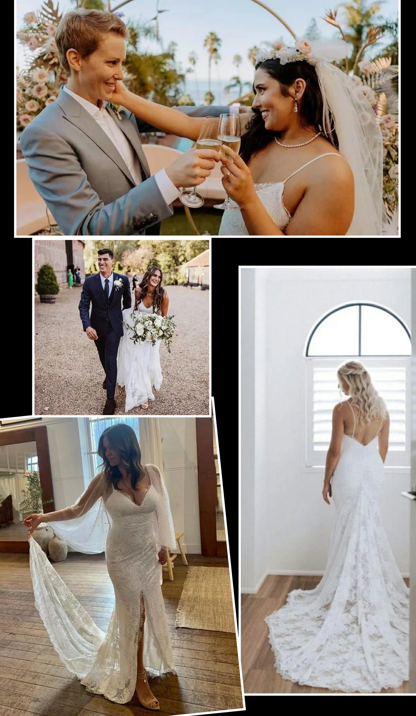 Backless Bohemian Beach Lace Spaghetti Strap Mermaid Style Wedding Gown With Sweep Train