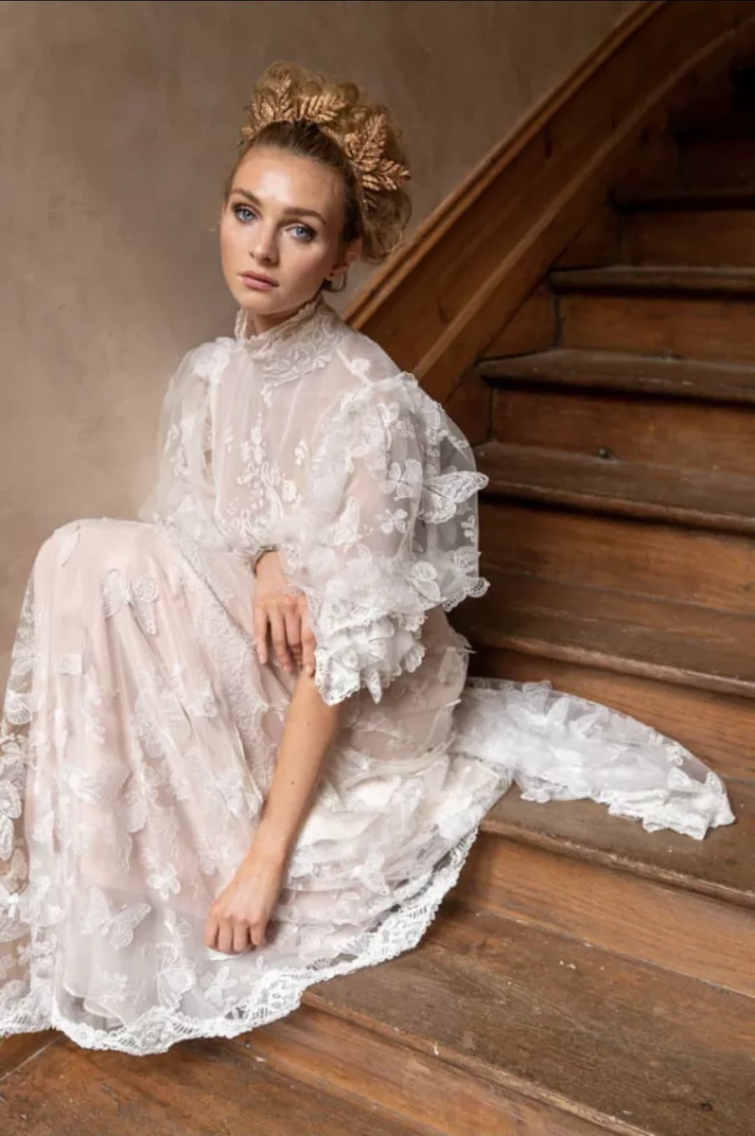 Embroidered Butterflies & Lace Half Sleeve Dress