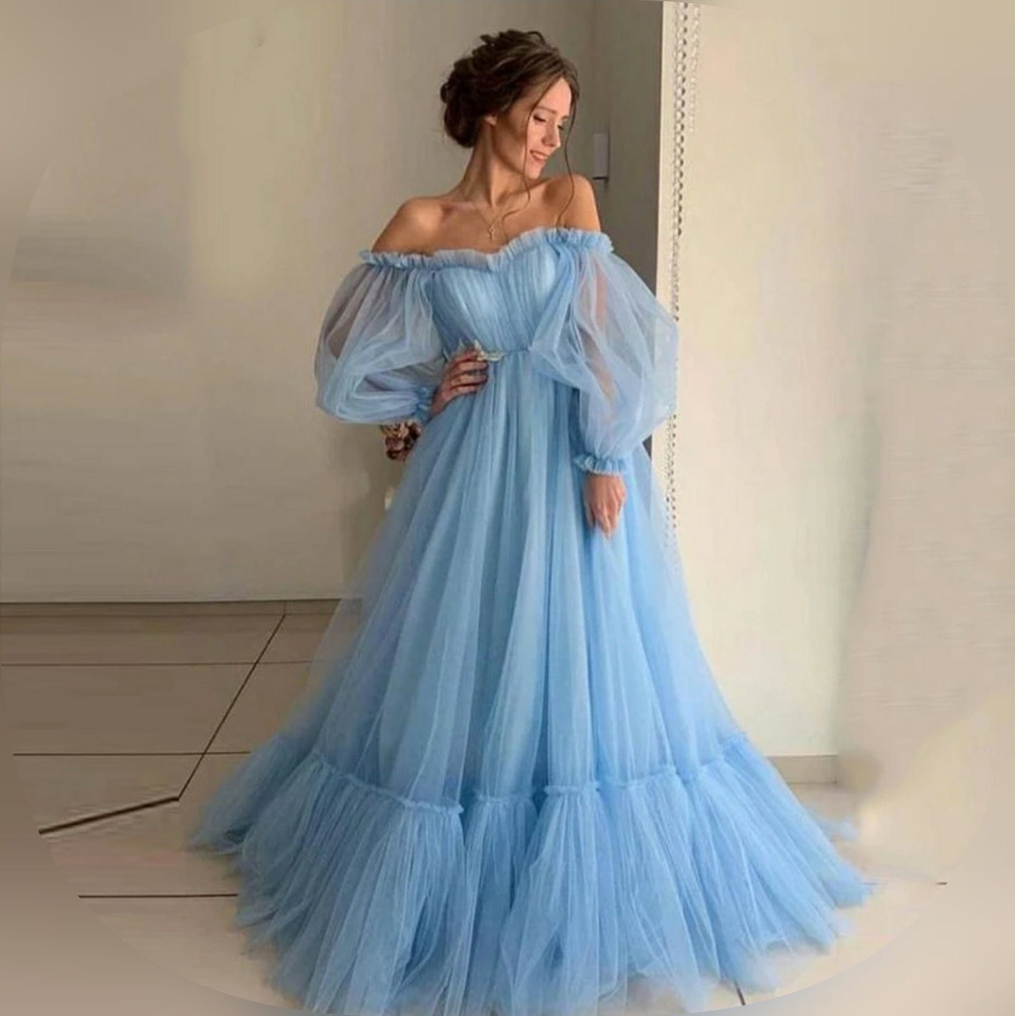 Sheer Tulle Long Sleeve Sweetheart Dress With Floral Appliqué Waist Accents