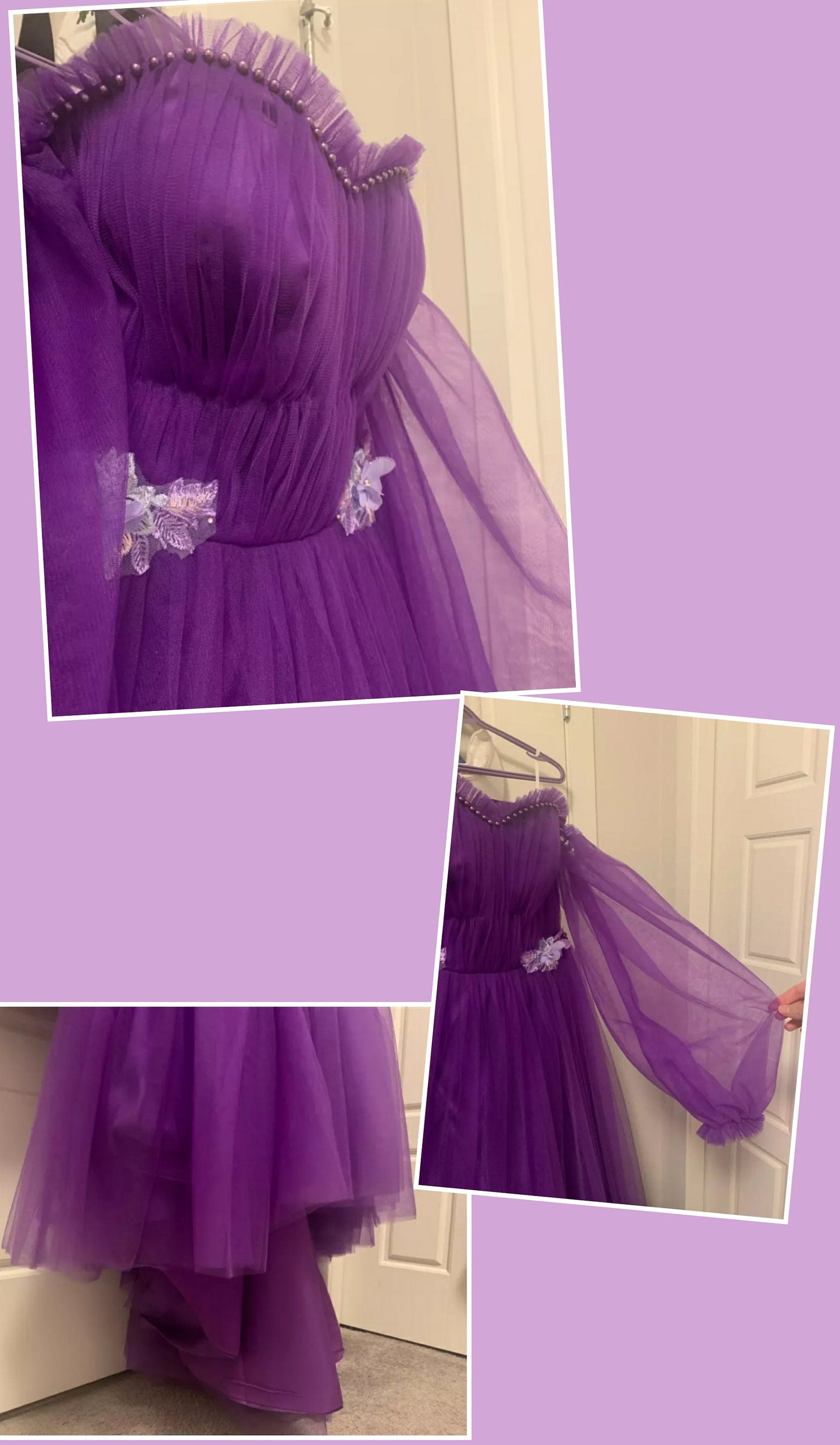 Sheer Tulle Long Sleeve Sweetheart Dress With Floral Appliqué Waist Accents