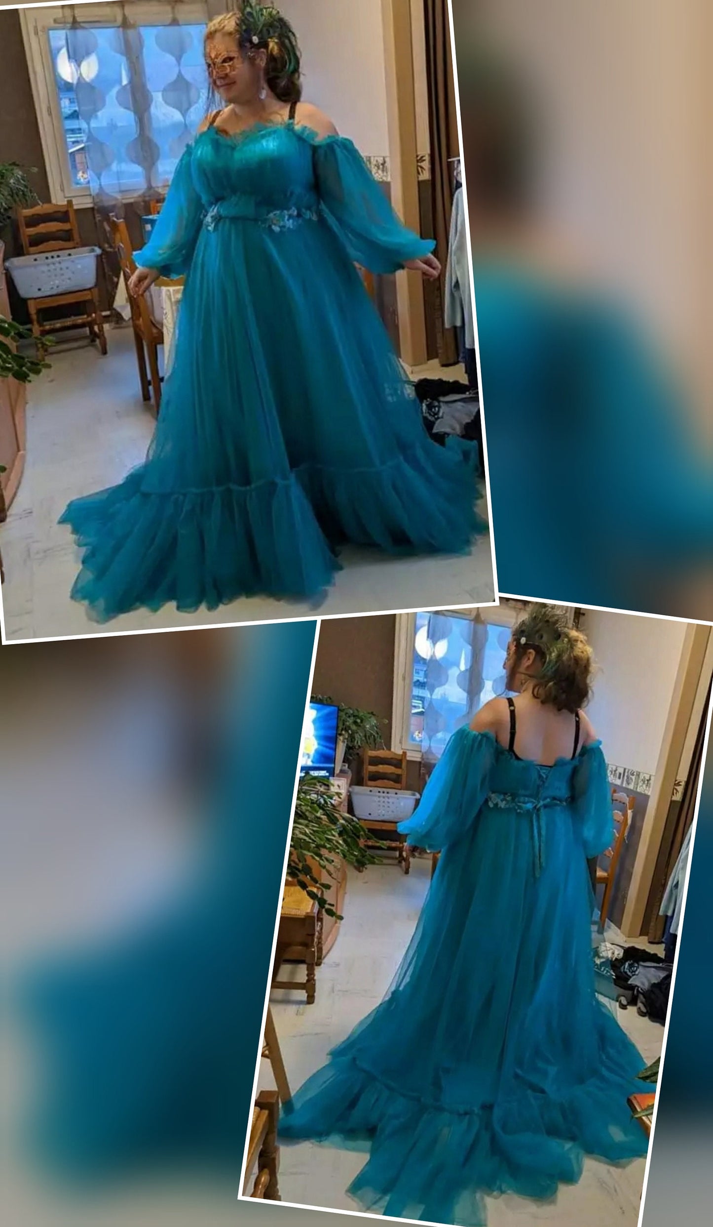 Sheer Tulle Long Sleeve Sweetheart Dress With Floral Appliqué Waist Accents