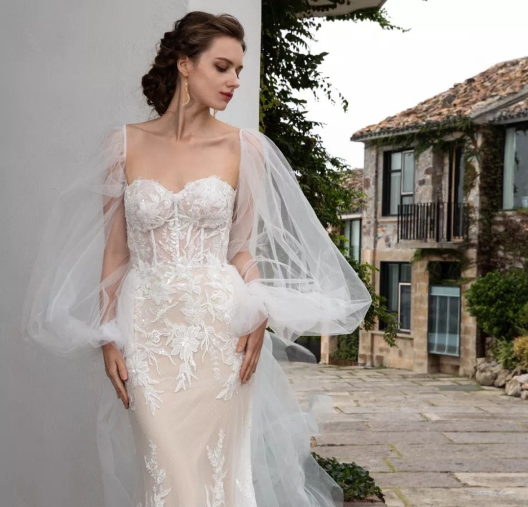 Transparent Oversized Lantern Tulle Full Detached Sleeves