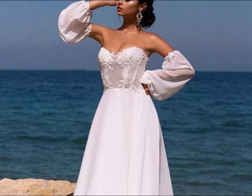 Detached Floral Appliqué Laced Trim Chiffon Full Sleeves