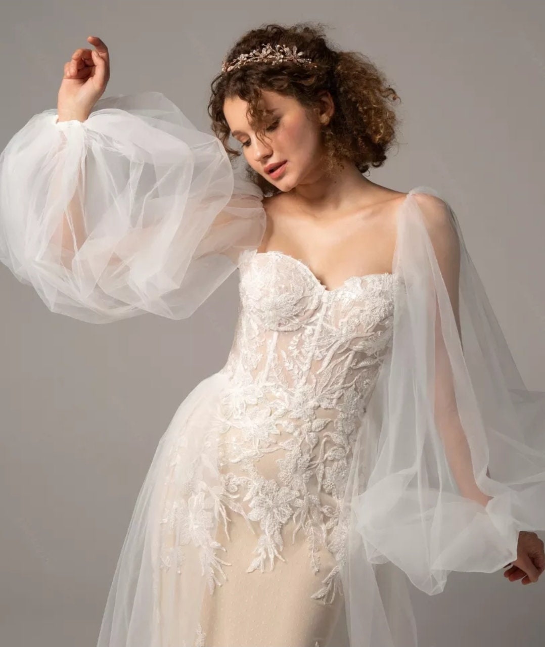 Transparent Oversized Lantern Tulle Full Detached Sleeves