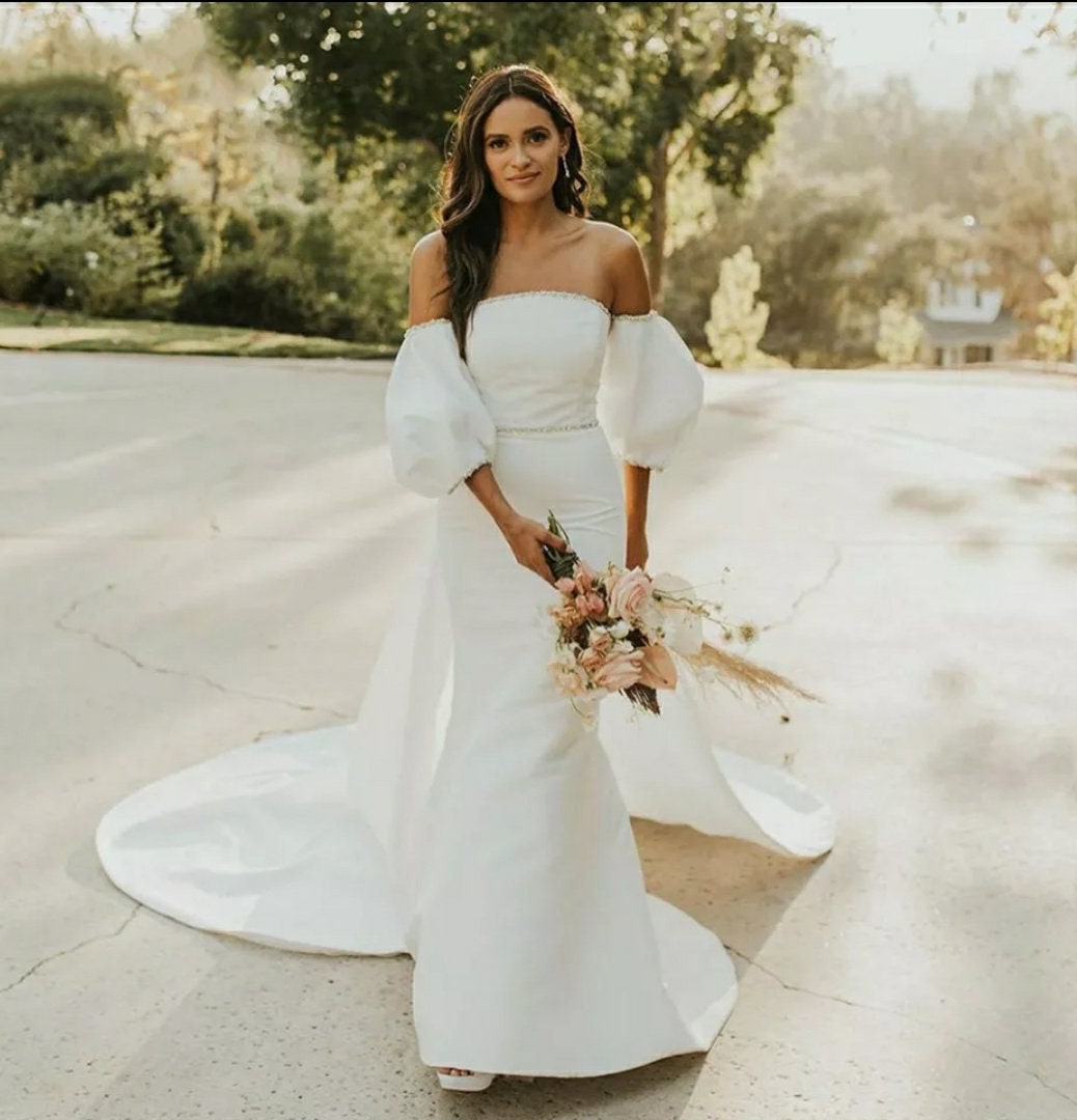 Detached Satin Short Puff Sleeves With Beaded Trim