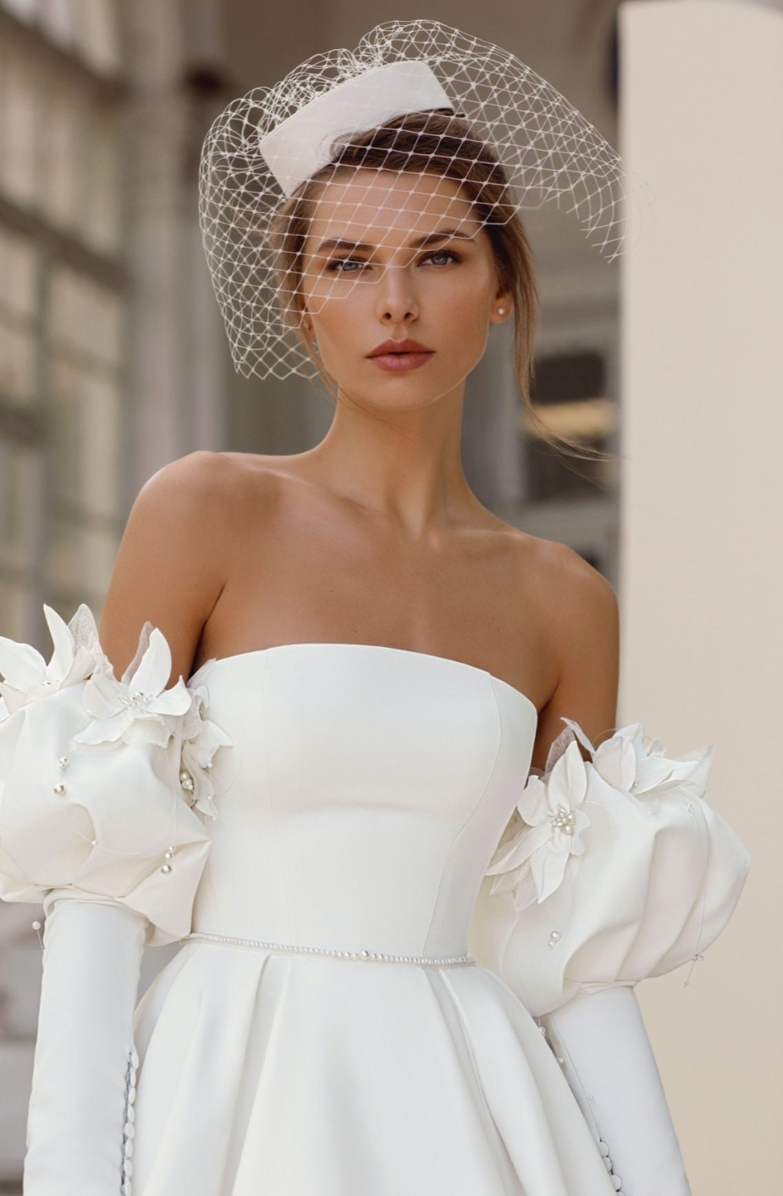 Sophisticated Beaded Pearl 3D Floral Victorian Style Detached Satin Sleeves