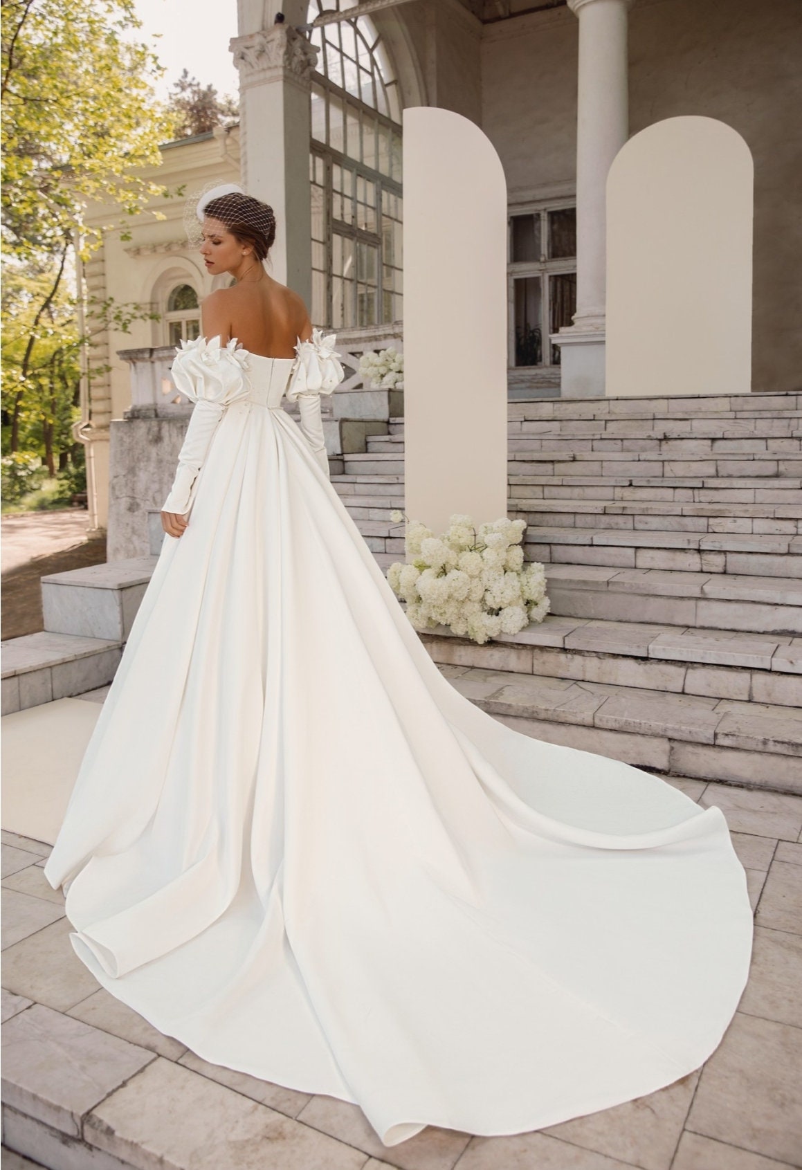 Sophisticated Beaded Pearl 3D Floral Victorian Style Detached Satin Sleeves