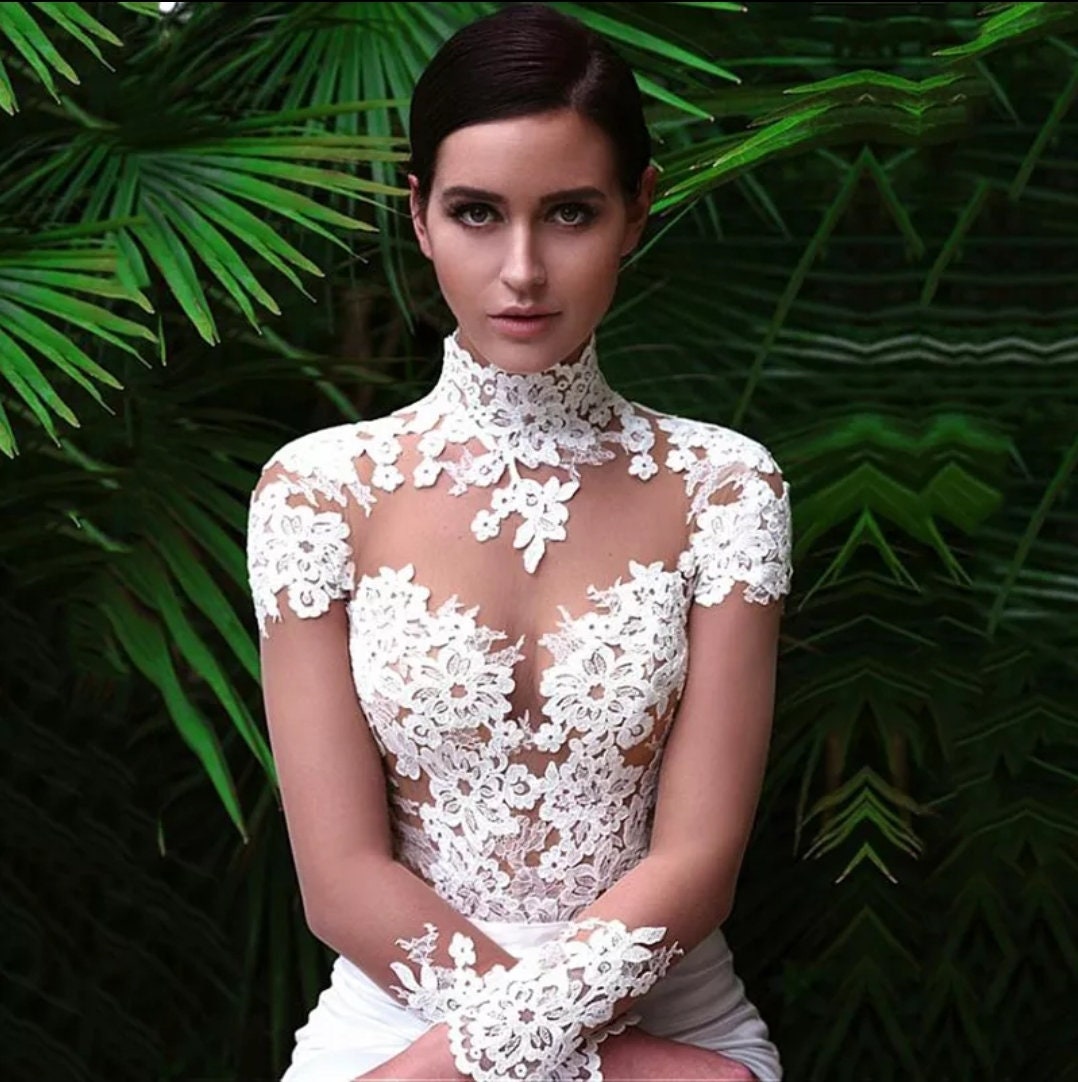 Elegant Lace High Neck Illusion Satin Gown
