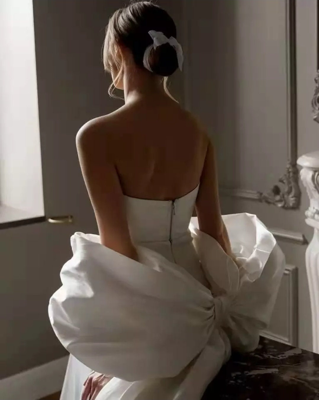 Detached Taffeta Big Bow Knot With Long Ribbon Train Sleeves