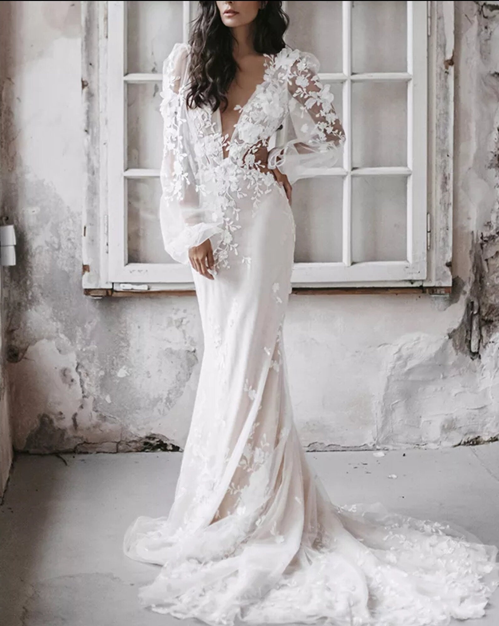 Sexy Sheer Long Sleeve Boho Beaded 3D Floral Appliqus Dress WenLeeBridal Sexy Sheer Long Sleeve Boho Beaded 3D Floral Appliqus Dress WenLeeBridal