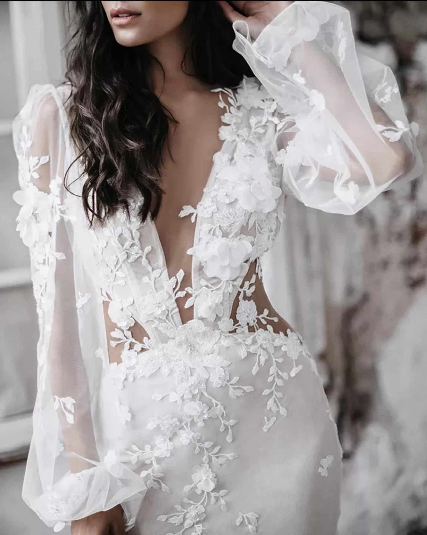 Sexy Sheer Long Sleeve Boho Beaded 3D Floral Appliqués Dress