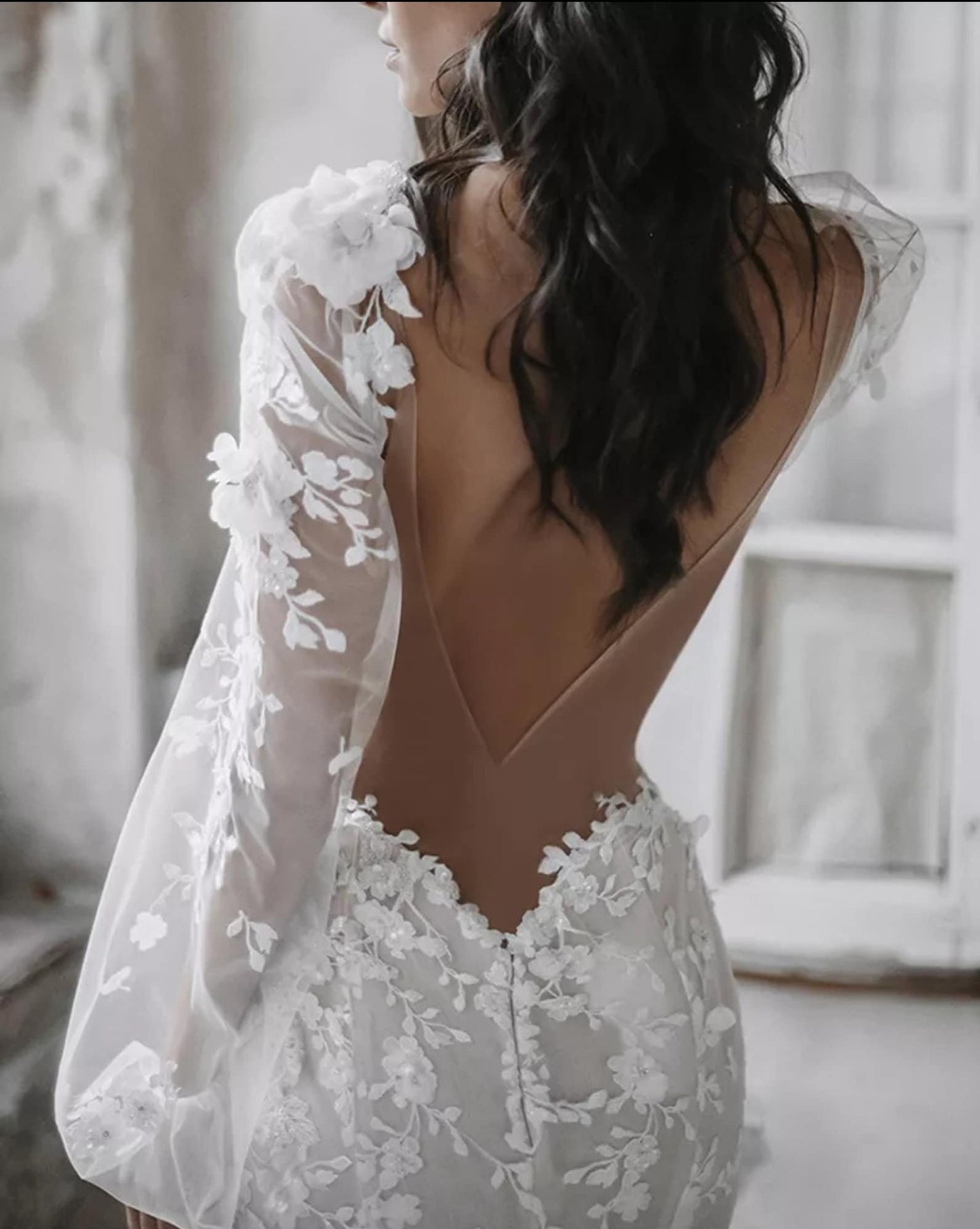 Sexy Sheer Long Sleeve Boho Beaded 3D Floral Appliqués Dress