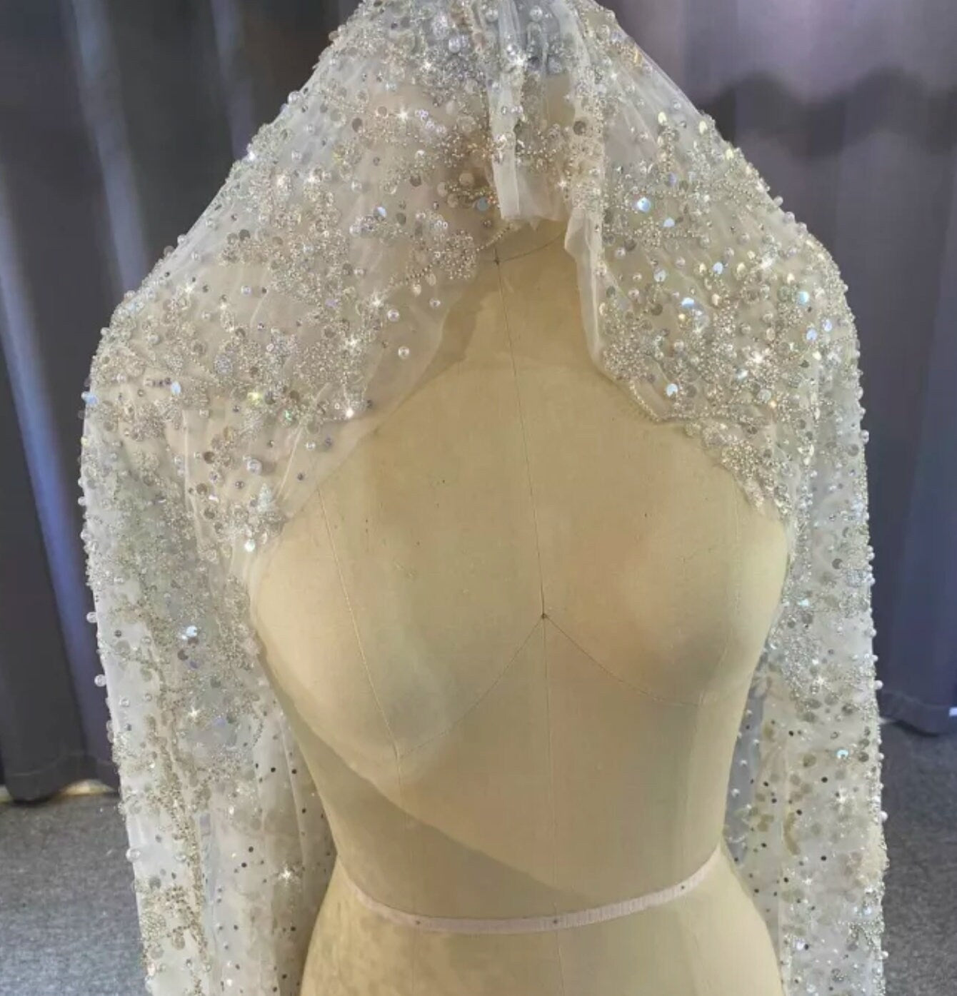 Full Pearl Beaded & Sequin Princess Appliqué Lace Veil