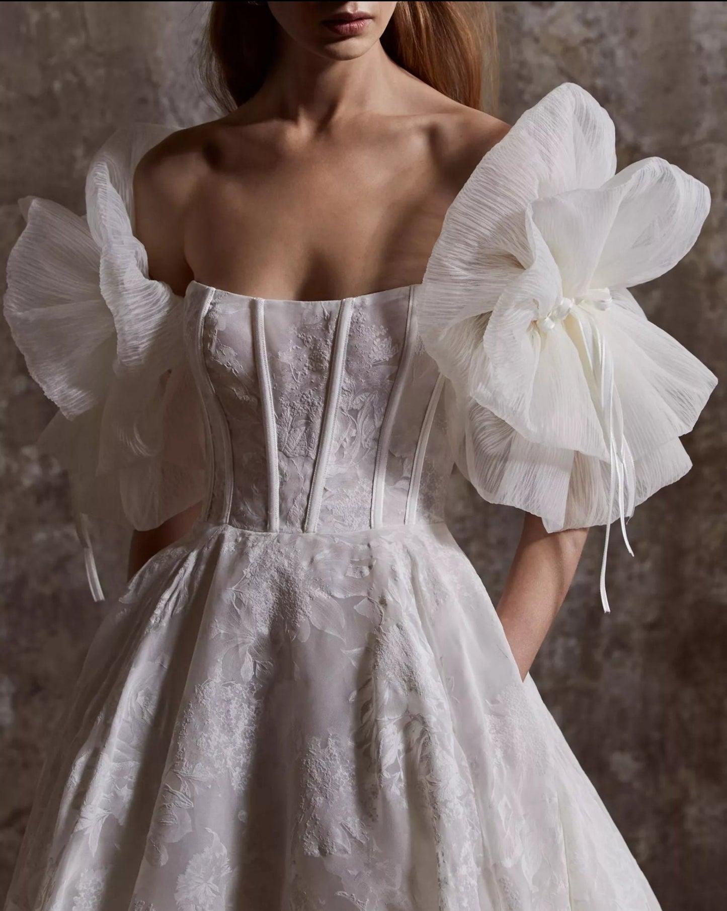 Pleated Organza Petal Detached Sleeves With Center Ribbon