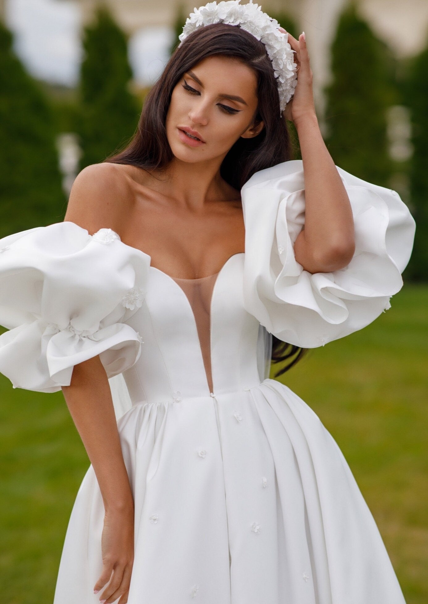 Detached Short Puff Floral Sleeves