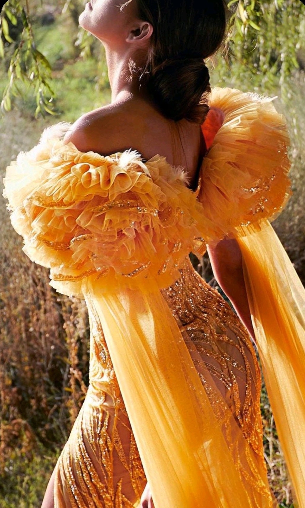 Detached Shoulder Puff Tulle & Sequins Dramatic Floor Length Draped Sleeves