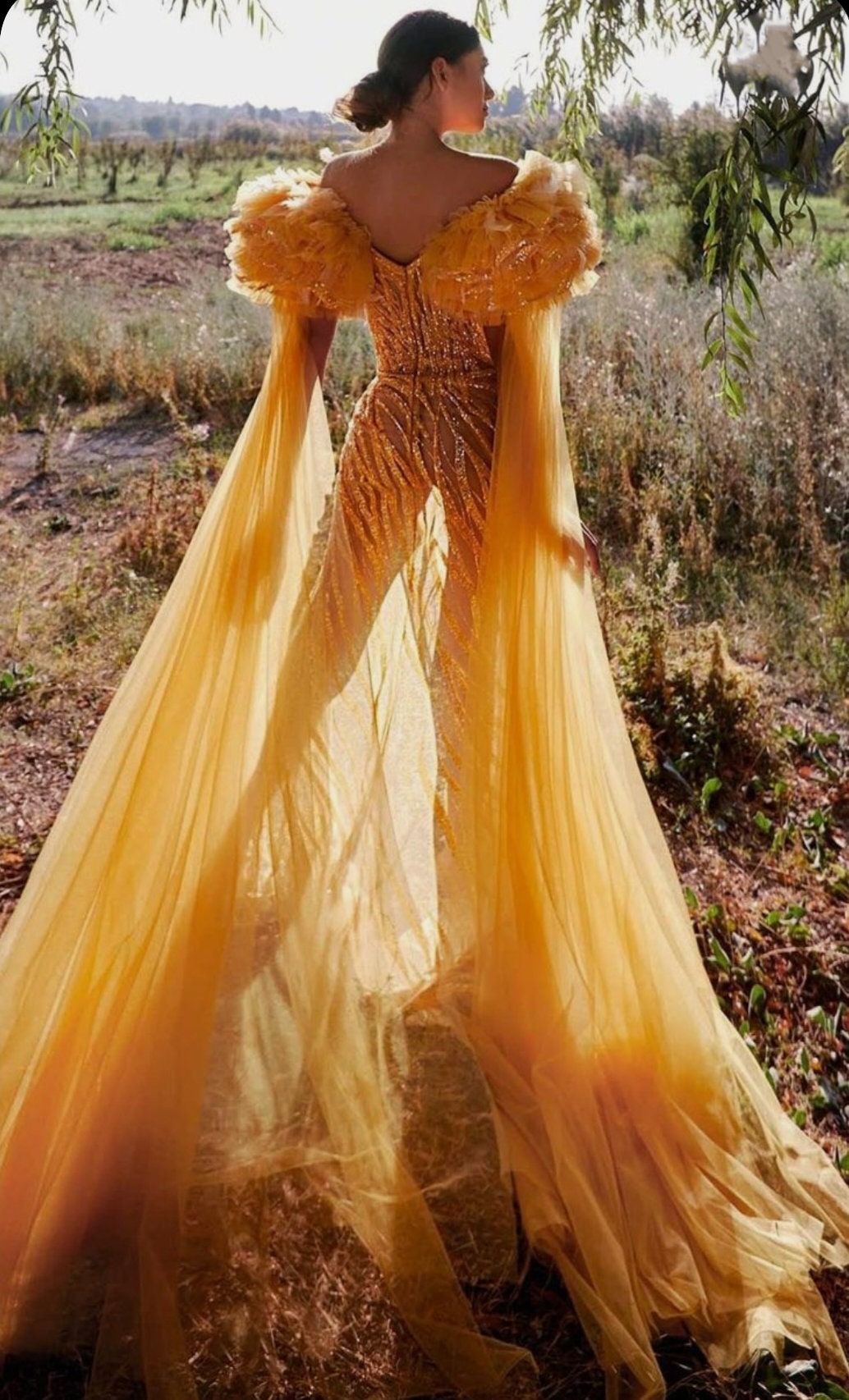 Detached Shoulder Puff Tulle & Sequins Dramatic Floor Length Draped Sleeves