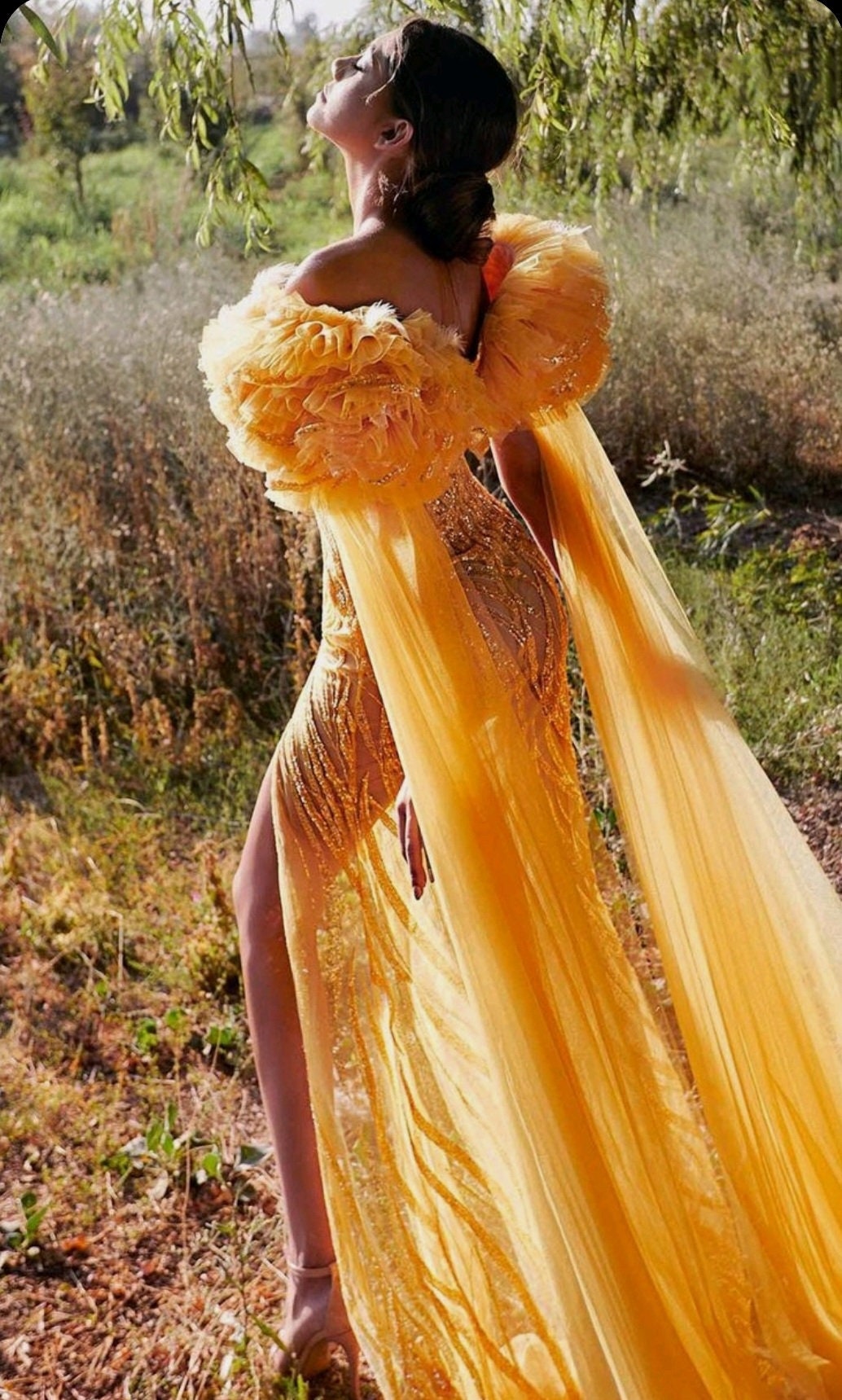 Detached Shoulder Puff Tulle & Sequins Dramatic Floor Length Draped Sleeves